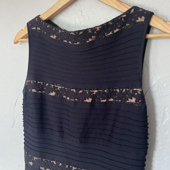 Tadashi Shoji Dress Women Small Blue Midi Navy Nude Pintuck Jersey Lace Tank - Picture 6 of 8
